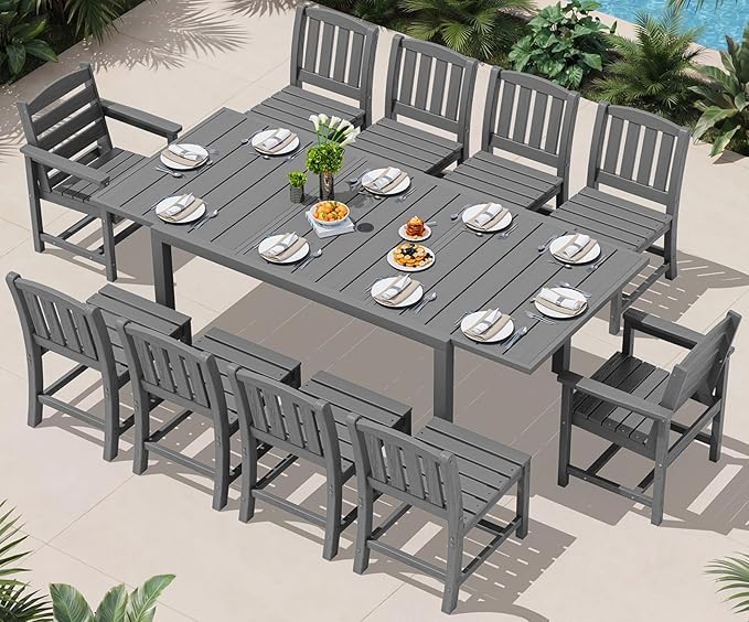 SERWALL 11-Piece Outdoor Dining Set, 60" - 83" Expandable Outdoor Dining Table and 10 HDPE Chairs, All Weather HDPE Outdoor Furniture Set for Backyard, Garden, Grey