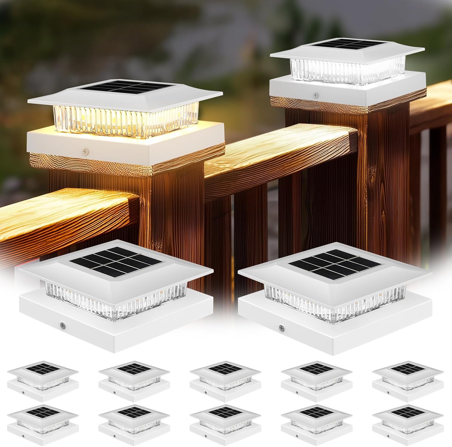 4x4 Solar Post Cap Lights,12 Pack Fence Post Solar Lights with 2 Color Modes for 4x4 Vinyl Post or 3.5x3.5 Wood Posts, Waterproof Dusk to Dawn Outdoor Lighting for Deck, Garden & Porch Decor, White