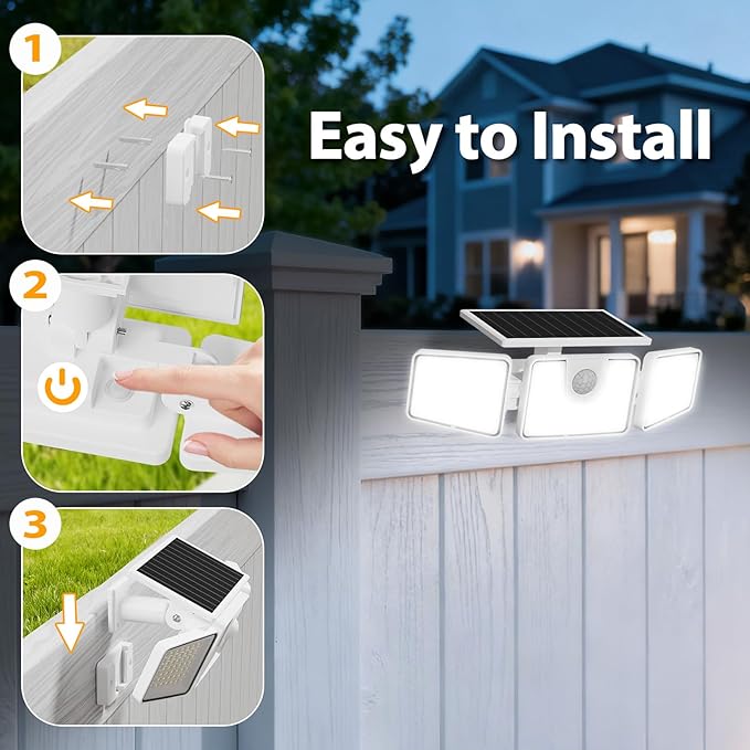 INCX Solar Lights Outdoor with Motion Sensor, 3 Heads Security Lights Solar Powered, 156 LED Flood Light Motion Detected Spotlight for Garage Yard Entryways Patio, IP65 Waterproof, White, 4 Pack