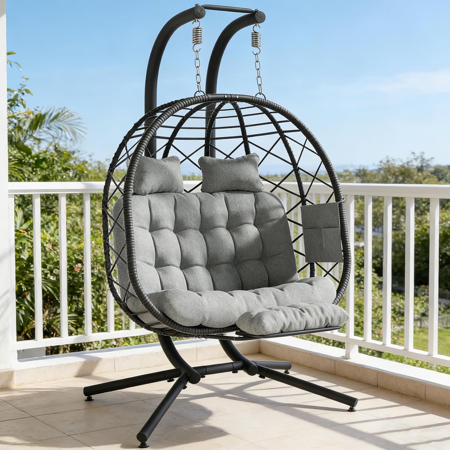 Suteck Double Hanging Egg Chair with Adjustable Footrest & Stand, Grey | Indoor Outdoor 2 Person Hanging Wicker Hammock Swing Chairs, With Cushion, 660lbs Capacity, For Patio, Bedroom, Lawn, Garden