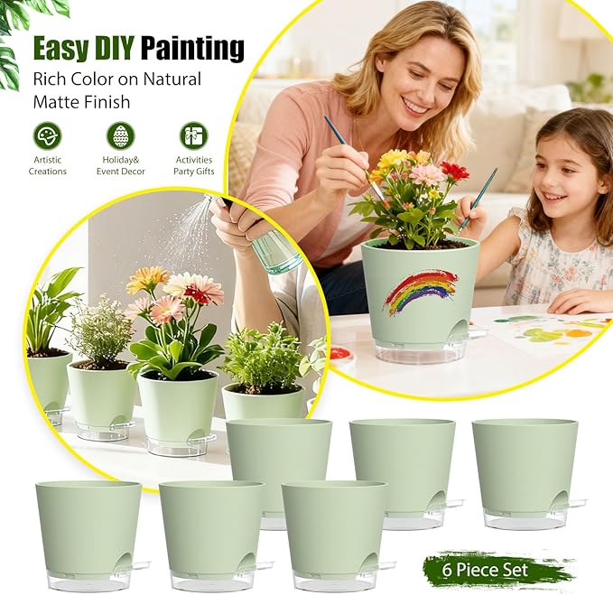Plant Pots 6 Inch Self Watering Pots,6 Pack Plastic Planters with Drainage Holes and Clear Saucers,Plastic Flower Pots,Nursery Planting Pot for Indoor Out Door Plants (Green)