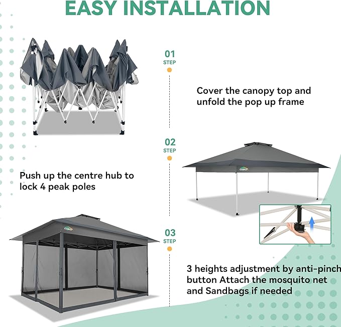 COBIZI 13x13 FT Pop up Gazebo on Clearance - Outdoor pop up Canopy Tent,carpas para Patio, Shelter - Screen Tents with Portable Carry Bag, Patio Gazebos for Camping,Garden,Deck,Backyard,Darkgrey