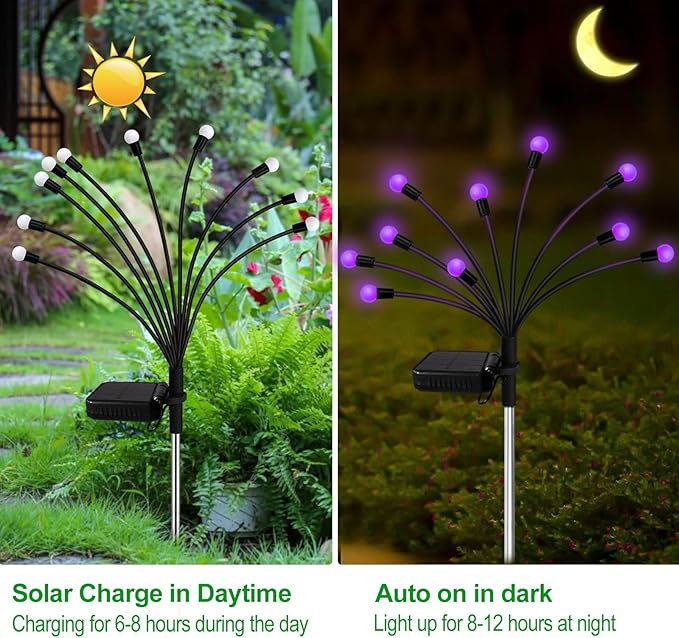 Solar Garden Lights Outdoor, 2 Pack 20 LED Solar Purple Firefly Lights Waterproof, Starburst Wind Swaying Light for Outside Yard Patio Planter Flower Bed Walkway Halloween Christmas Decoration