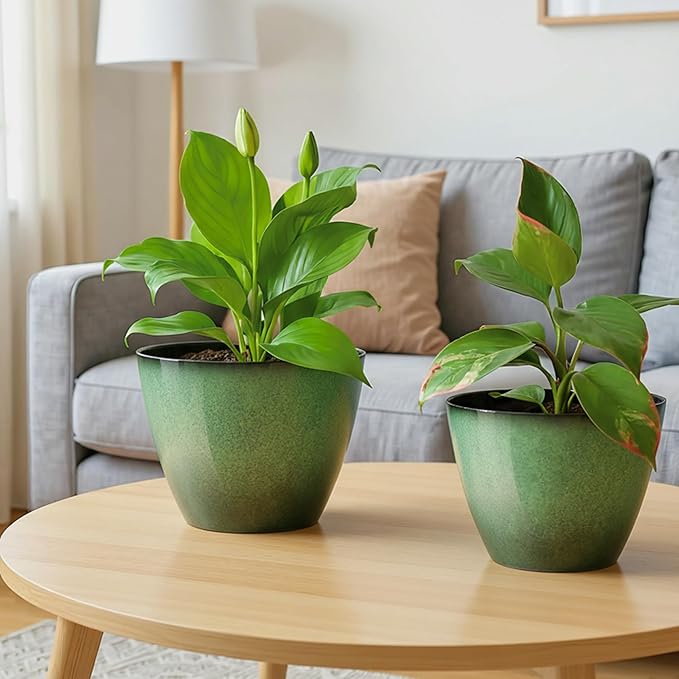 4 Pack 8 inch Plant Pots, Plastic Planter for Indoor Outdoor Plant with Drainage Holes and Saucers, Flower Pots for Garden Home Decor(Green, 4pcs)