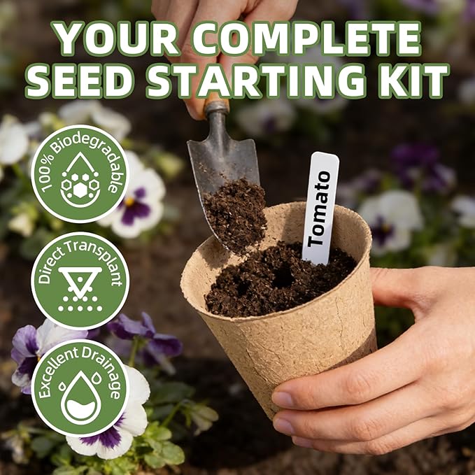 70Pcs Biodegradable 4” Peat Pots with 70Pcs Plant Labels, Biodegradable Seed Starter Pots with Drainage Holes, Nursery Pots for Seedlings, Herbs, Vegetables, Flowers, Gardening Kit