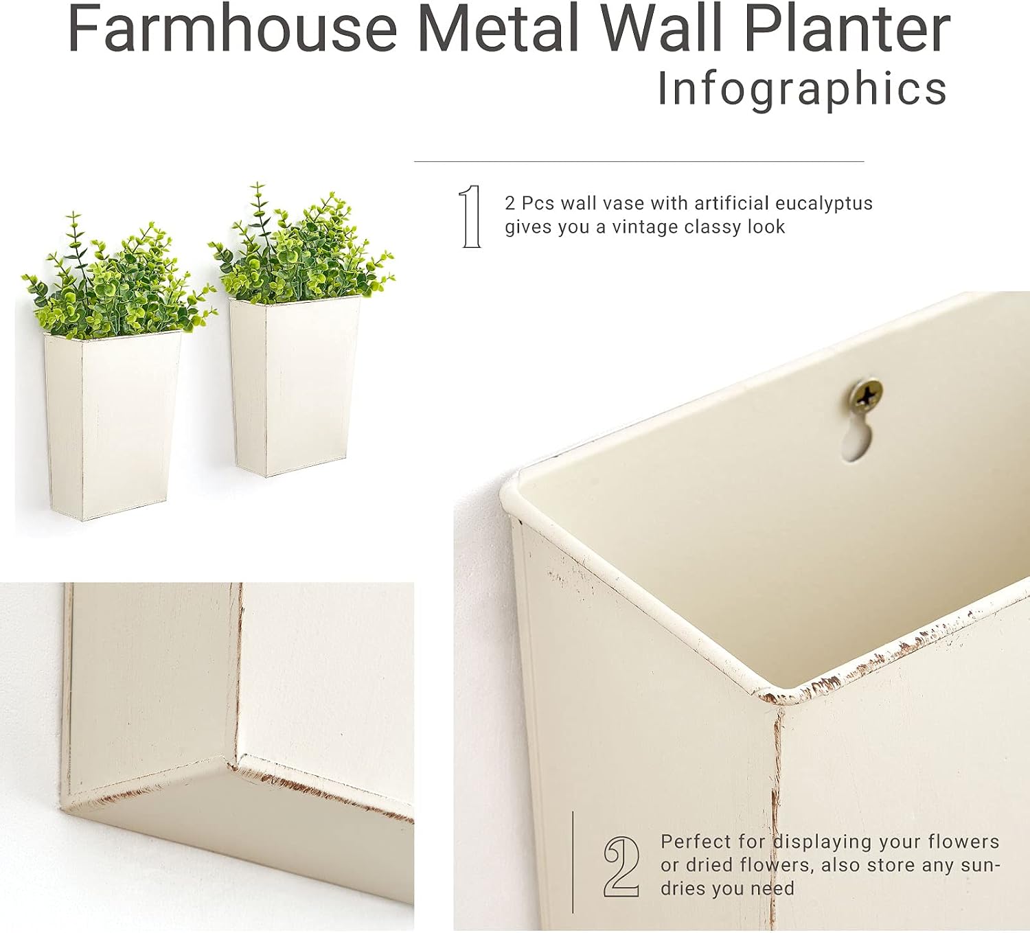 Dahey 2 Packs Metal Wall Planter Vase with Artificial Eucalyptus, Farmhouse Wall Decor Hanging Fake Plants Flowers Holder for Country Rustic Bedroom Bathroom Living Room Kitchen Decoration, White