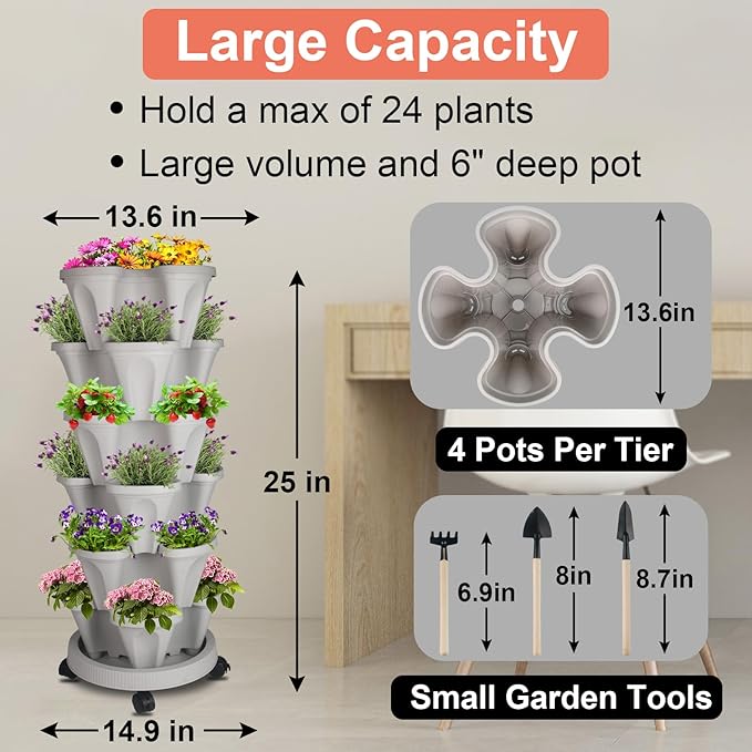 GameXcel Vertical Planter 6 Tier Stackable Planters Garden Planters Strawberry Herb Flower and Vegetable Planter Indoor Outdoor Gardening Pots with Removable Wheels and Tools 2-Pack