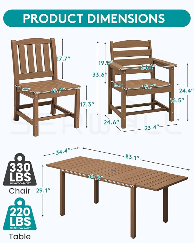 SERWALL 11-Piece Outdoor Dining Set, 60" - 83" Expandable Outdoor Dining Table and 10 HDPE Chairs, All Weather HDPE Outdoor Furniture Set for Backyard, Garden, Brown