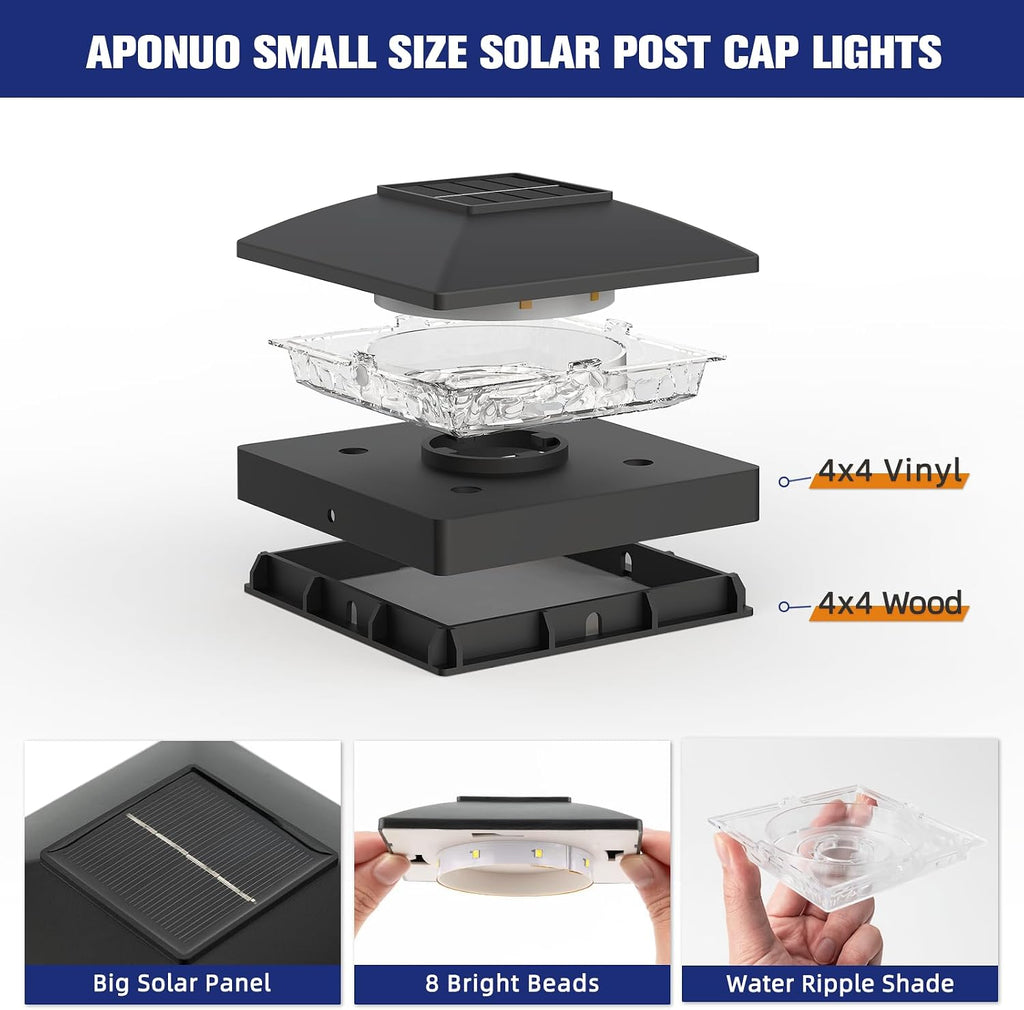 APONUO Solar Post Cap Lights for 4x4 Posts - IP64 Waterproof, 3000K LED, No-Wire Fence Lights & Deck Lights for Patio Garden Yard Patio, Black-Warm White, 24 Pack