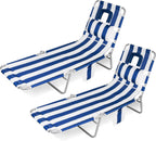 2PK Face-Down Tanning Beach Chair, Adjustable Folding Sunbathing Lounger with Arm Slots, Side Pocket, Lightweight Reclining Chair for Beach, Poolside, Lawn & Patio, Navy and White Stripe
