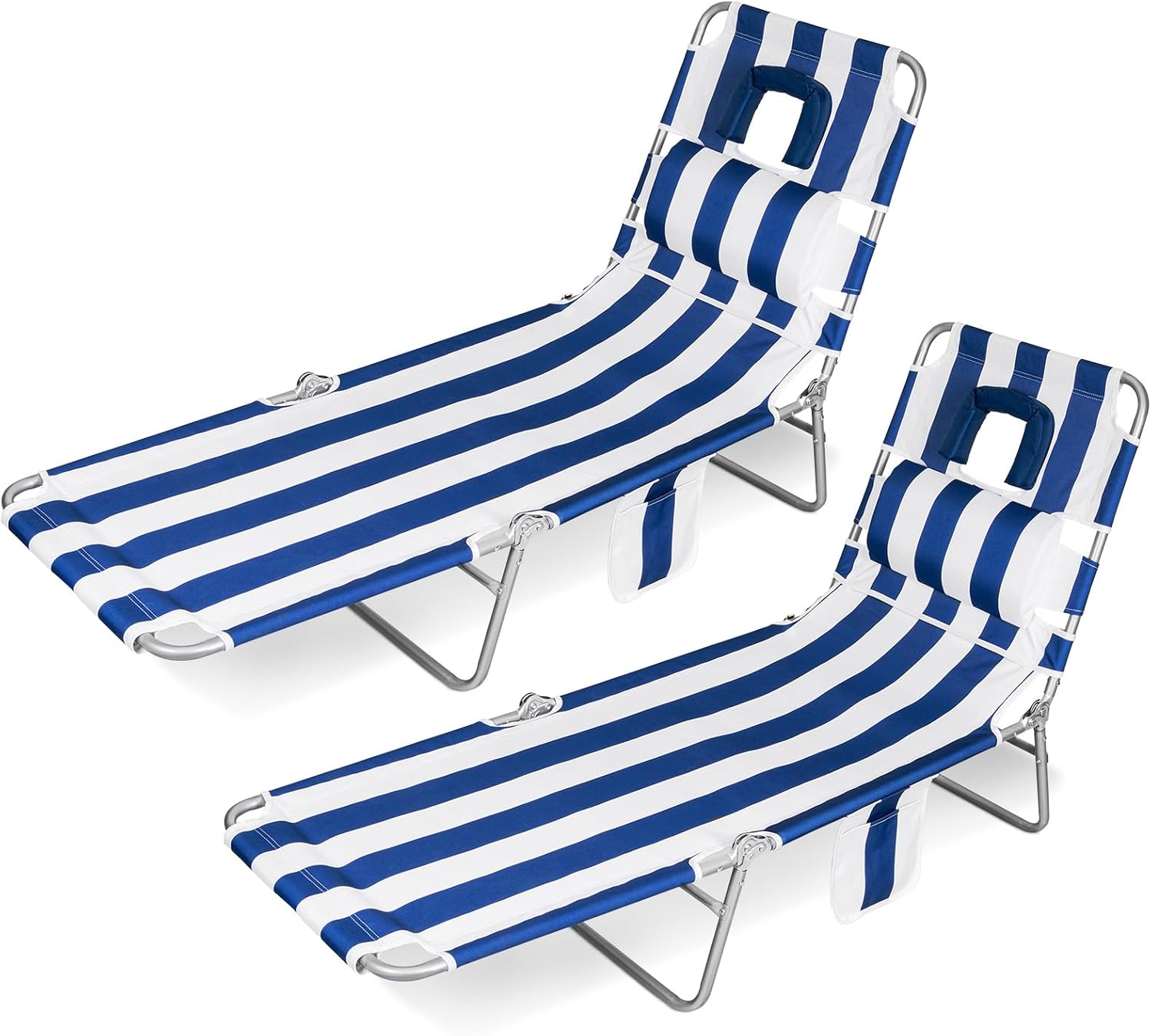 2PK Face-Down Tanning Beach Chair, Adjustable Folding Sunbathing Lounger with Arm Slots, Side Pocket, Lightweight Reclining Chair for Beach, Poolside, Lawn & Patio, Navy and White Stripe