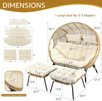 NICESOUL Modern Double Egg Chair with Footrest & Padded Cushions, 2 Person Wide Wicker Lounge Chair with Deep Seating, 57.1" Extra Large Stationary Loveseat Cozy Cream Chairs for Inside Outside