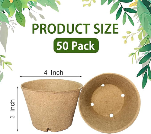 50 Pack 4 Inch Peat Pots, Biodegradable Seed Starter Pots with Drainage Holes for Indoor/Outdoor Gardening, Eco-Friendly Garden Germination Nursery Pots. (50, 4 Inch)