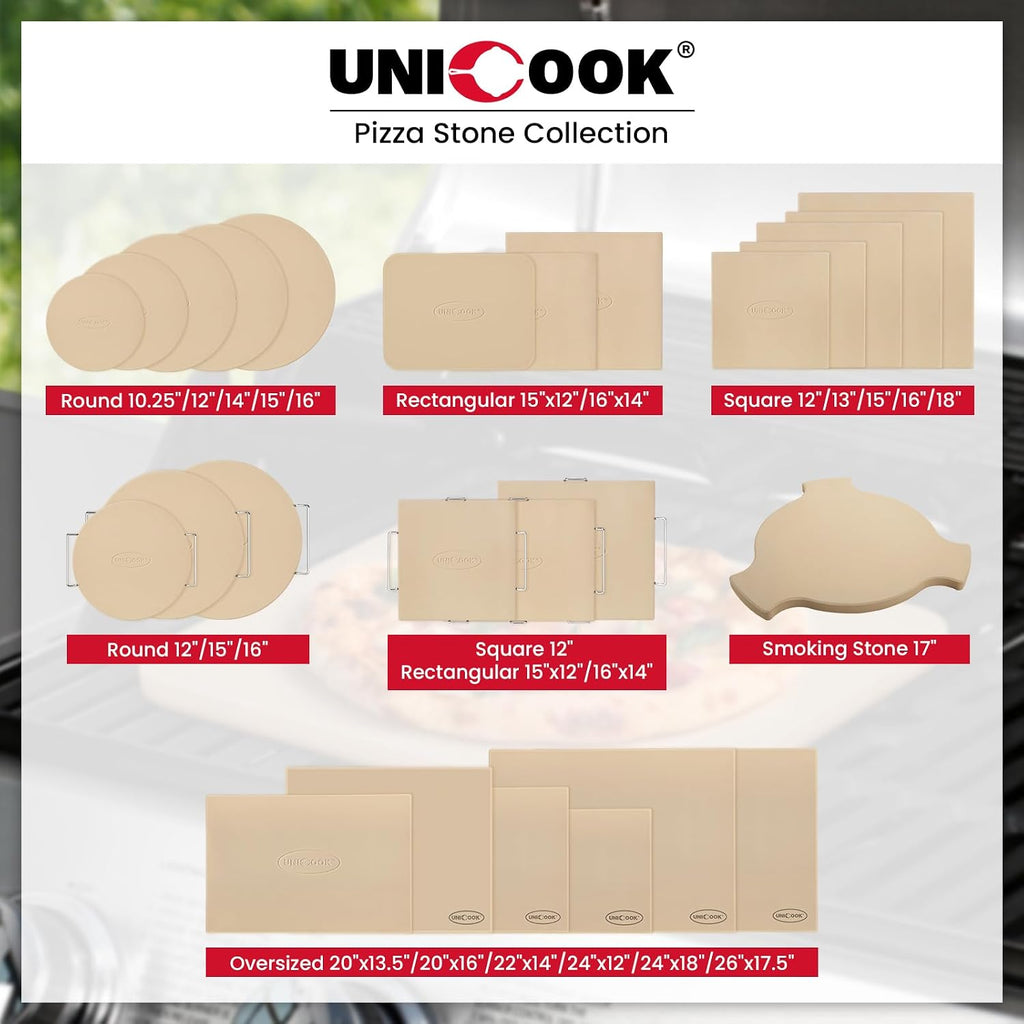Unicook 20 x 13.5 Inch Extra Large Pizza Stone for Oven and Grill, 10.6 Lbs | Heavy Duty, Even Heating&Consistent Heat Retention, Crispy Crust for 2 Small Pizzas, Bread, Cookies, Includes Dough Scraper