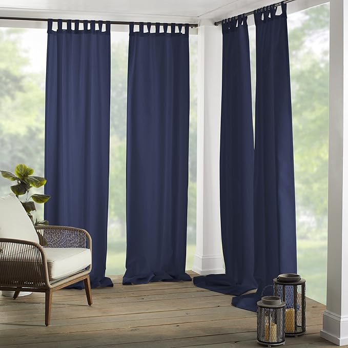 Elrene Home Fashions Matine Weatherproof Tab-Top Indoor/Outdoor Solid Color Curtain Panel for Porch, Pergola, Patio, Deck, 52”W x 108”L, Blue