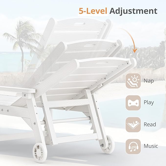LUE BONA Chaise Lounge Chair with Table, 2-Piece, HDPS Chaise Lounger, 5 Positions Adjustable Lounge Chairs, Pool Lounge Chair with Wheels for Poolside, Backyard, White
