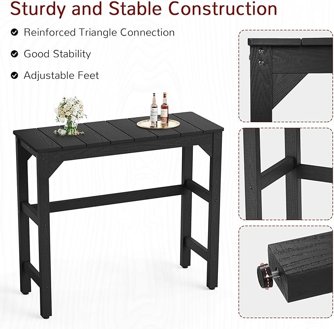 Stoog 3-Pieces Patio Bar Set, All-Weather HIPS Outdoor Bar Stools Set of 2, Counter Height Bar Table with Waterproof Top, Never Fade or Rot, Black