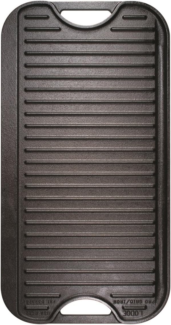 Lodge LPGI3 Cast Iron Reversible Grill/Griddle, 20-inch x 10.44-inch, Black & LGP3 Rectangular Cast Iron Grill Press, Pre-Seasoned, 6.75-inch x 4.5-inch