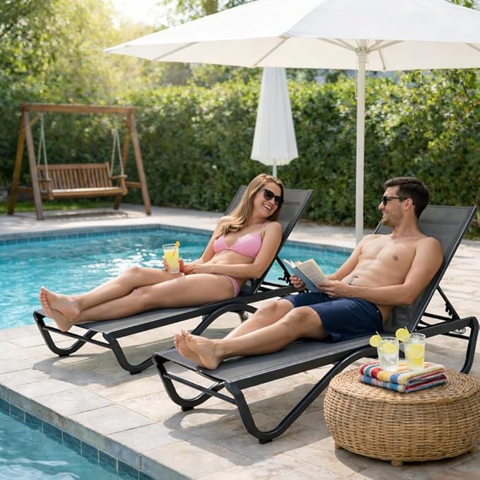 Kozyard Outdoor Chaise Lounge Chair, Full Flat Adjustable Patio Lounger with Aluminum Frame & Resin Legs, Textilene Fabric for Poolside, Backyard & Beach (Gray, Chair)