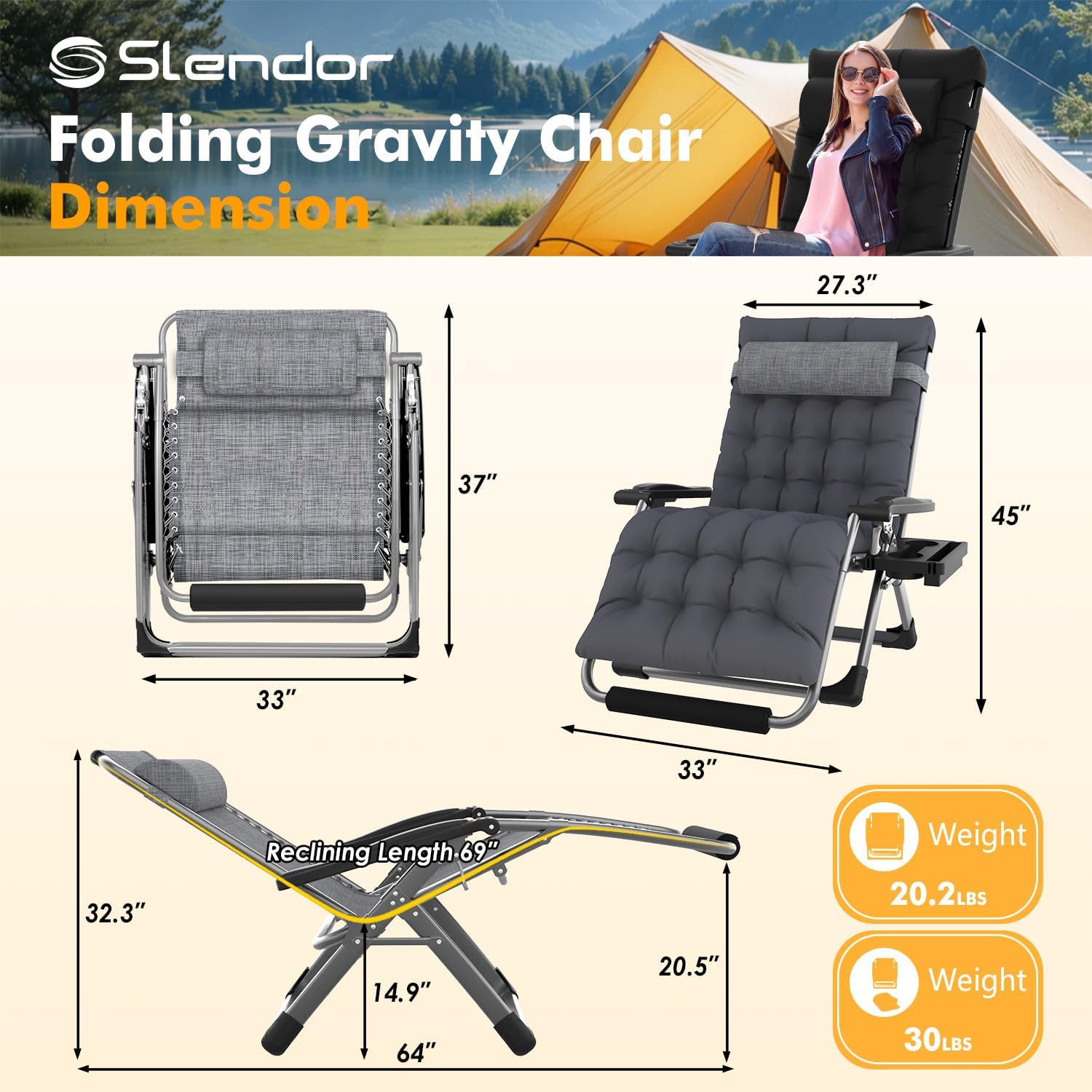 Slendor Oversized Zero Gravity Chairs XXL, 33In Recliner Chair, Dark Gray | Reclining Lounge Chair, Folding Anti Gravity Chairs w/Aluminum Alloy Lock, Removable Cushion&Headrest, 500lbs, for Lawn Patio