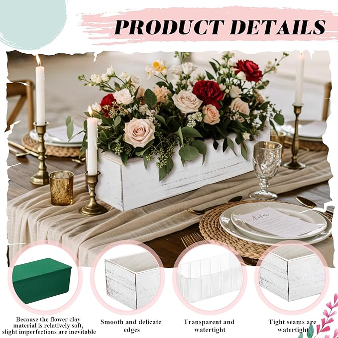 Dandat 3 Set Wood Boxes for Centerpieces 12x4 Inch Rectangle Wooden Planter Box Rustic Wooden Planters with Removable Plastic Liner Floral Foam Blocks for Christmas Wedding Home Garden Decor(White)