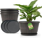 Quarut 16 Inch Brown Classic Plastic Whiskey Barrel Planters Set of 4 with Drainage Holes & Trays for Indoor & Outdoor Use