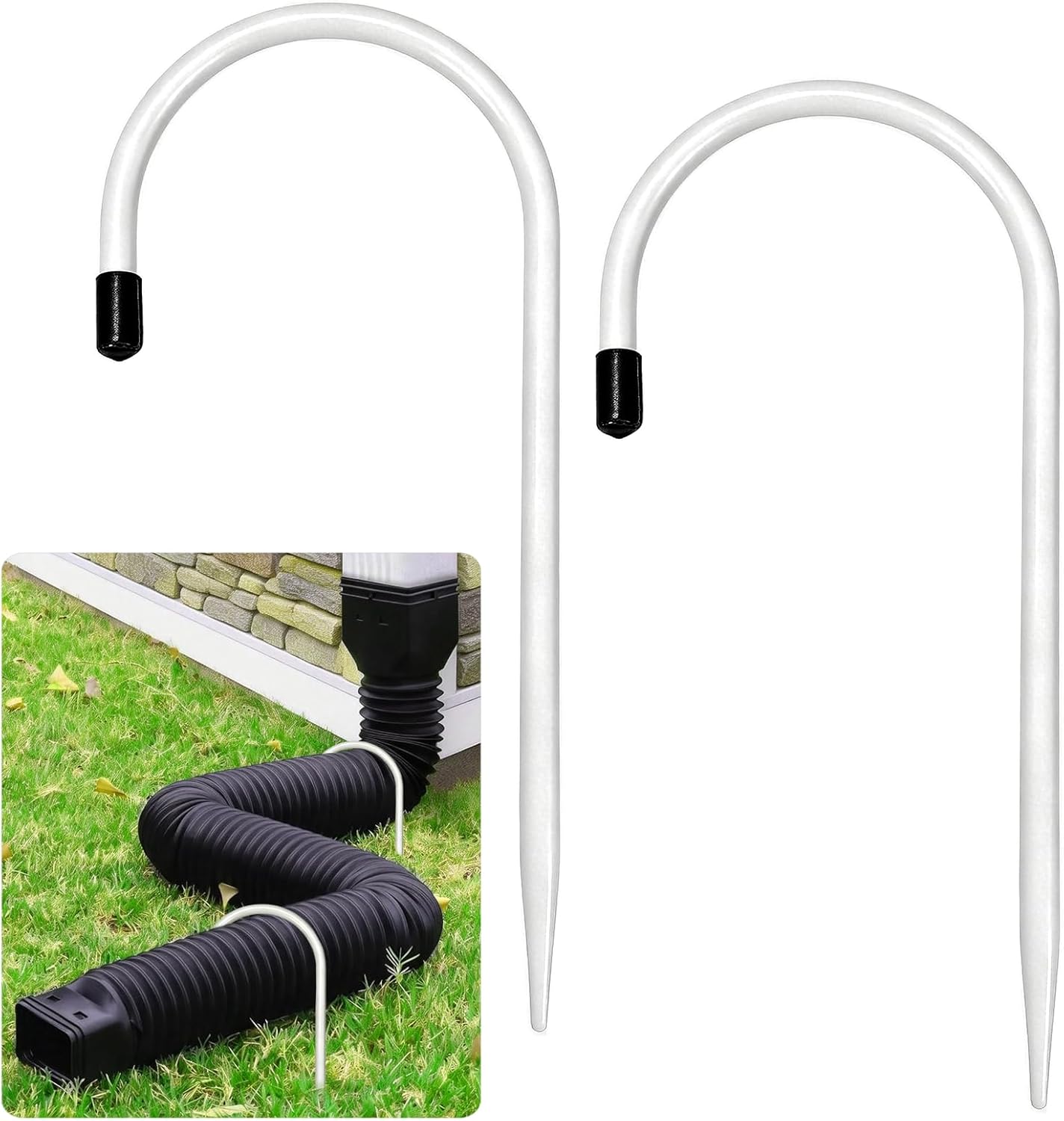 2 Pack Rain Gutter Downspout Extension Fixing Pin for 4" Round Pipes White | U-Shape Downspout Anchor Stake Holds Extension Firmly in Wind & Rain. Diverts Water From Foundation. Easy Adjust. Heavy Iron