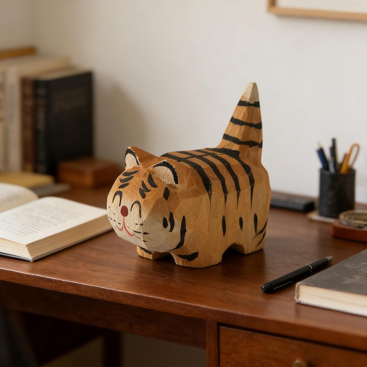 EMiEN Cute Small Wood Tiger Figurine Carved Orange Tiger,Handmade Sculpture Craft Set, for Home Office Decoration, Car Ornaments