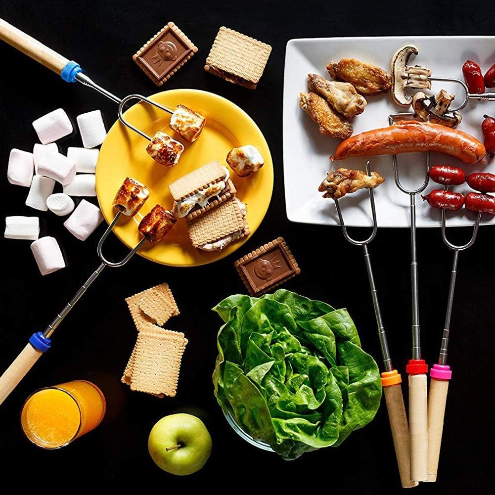 12 Marshmallow Roasting Sticks for Fire Pit - Extendable Smores Skewers | Wooden handle 32 inch telescoping forks with carry bag, perfect for hot dogs, campfire, BBQ, camping & backyard gatherings.