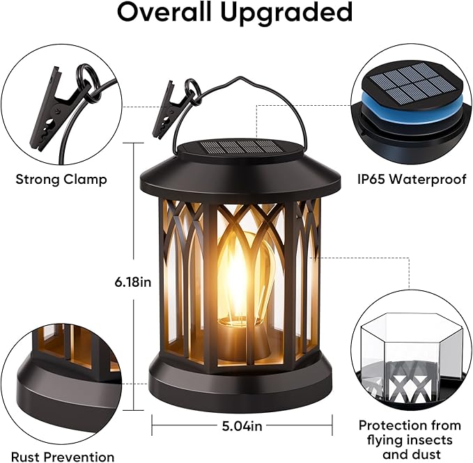 Hanging Solar Lanterns Outdoor Waterproof - 2 Pack Lanterns Decorative Outdoor Patio Decor with Clip Solar Lantern for Outside - Outdoor Lanterns for Patio Garden Waterproof Gifts for Women Mom Family