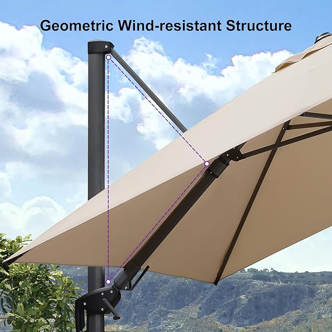PURPLE LEAF 9' X 12' Right-left Tilt Patio Umbrella with Base Outdoor Cantilever Swivel Rectangle Umbrella Aluminum Offset Umbrella with 360-degree Rotation for Garden Deck Pool Patio Beige