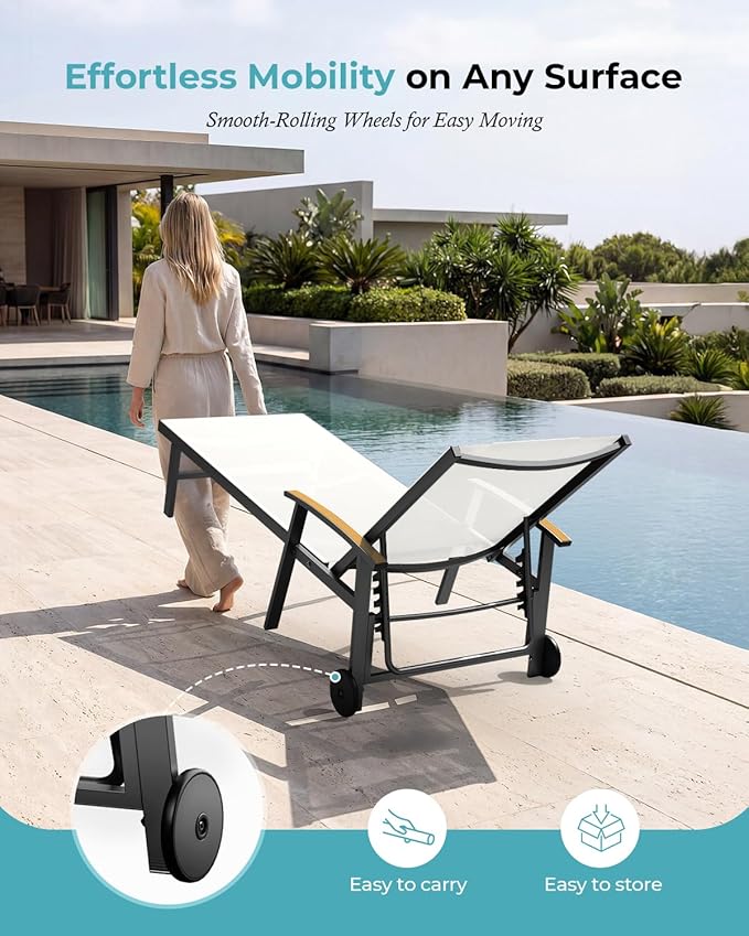 Ciokea Outdoor Lounge Chair with Pillow Set of 2, 5-Position Aluminum Chaise Lounge with Wheels & Armrests, 400 lbs Heavy Duty Patio Pool Chair for Backyard, Deck, Beach & Poolside, White