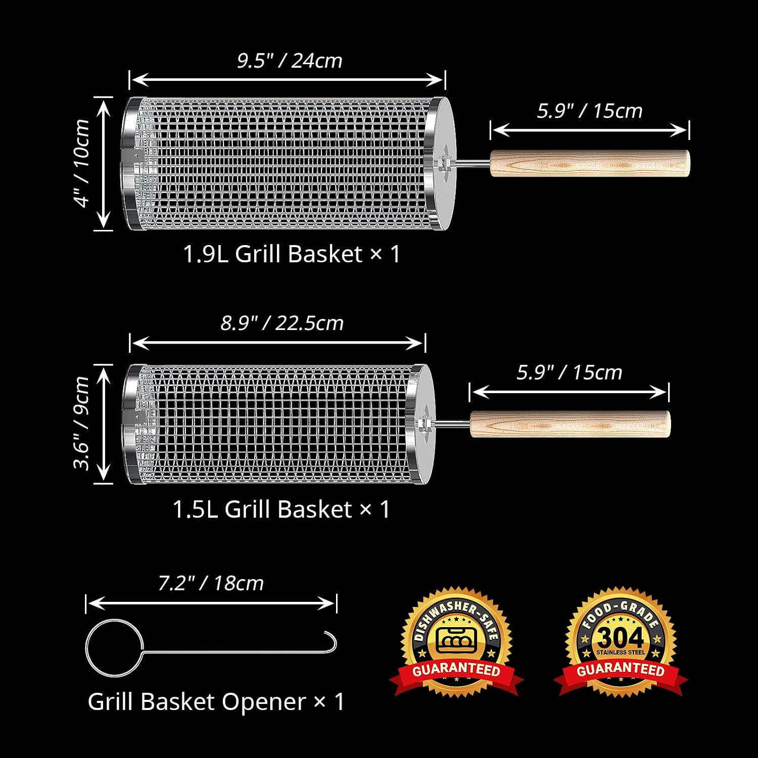 ivtivfu Rolling Grill Basket, Removable Wooden Handle, Nesting BBQ Tools | 304 Stainless Steel, Smoker Grilling Accessories for Vegetable, Outdoor Cooking Camping, Birthday Gifts for Men Dad Husband