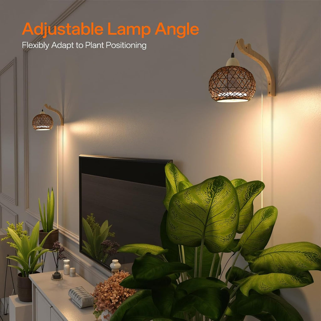 Hanging Grow Lights for Indoor Plants,3800K | 18W Wall-Mounted Decorative Grow Light with Boho Rattan Lantern Shade, 9.8FT Power Cord, for Indoor Plant Growing, Flowers
