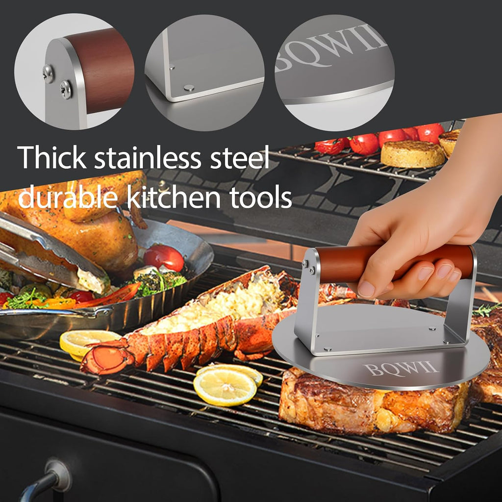 6.3inch Burger Press, Round Stainless Steel Meat Patty Pressing Tool, Suitable for Burger Patties, Steaks, BBQ, Bacon,Baking, Grill Press with Wood Handle