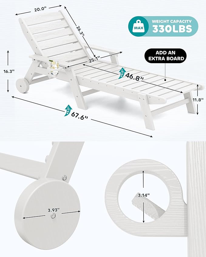 SERWALL Patio Chaise Lounge Chair Set of 4, 5 Positions Adjustable Poly Outdoor Lounger for Pool, HDPE Lounge Chair with Rolling Wheels & Cup Holder for Poolside, Deck, White