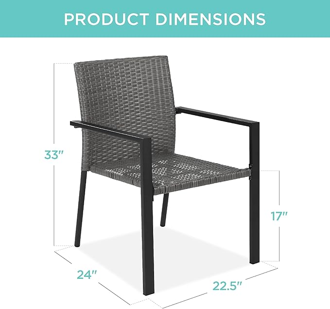Best Choice Products Set of 2 Stackable Outdoor Wicker Dining Chairs All-Weather Firepit Armchair w/Armrests, Steel Frame for Patio, Deck, Garden, Yard - Gray
