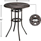 VINGLI 3 Piece Outdoor Bar Set, Cast Aluminum Outdoor Swivel Bar Stools and Table w/Umberlla Hole, All-Weather Outdoor Bar Table and Chairs Set w/Cushions for Patio Balcony(Elizabethan Back)
