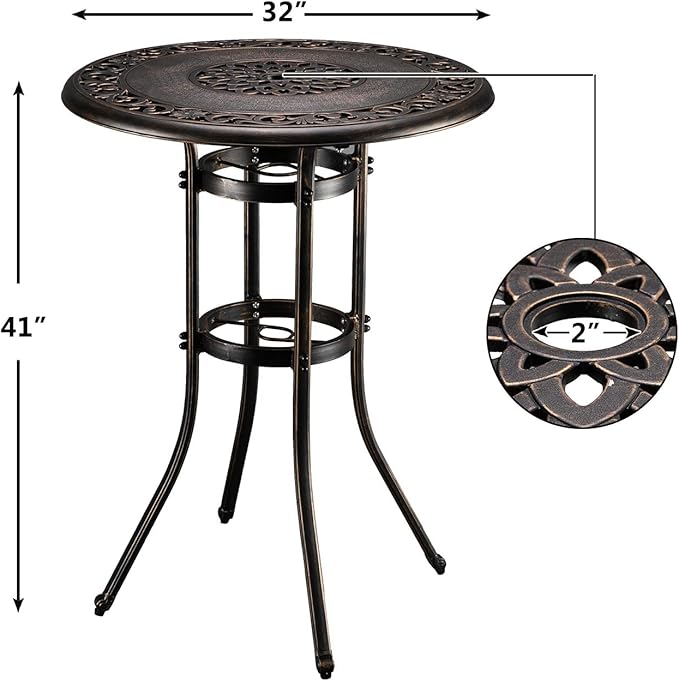 VINGLI 3 Piece Outdoor Bar Set, Cast Aluminum Outdoor Swivel Bar Stools and Table w/Umberlla Hole, All-Weather Outdoor Bar Table and Chairs Set w/Cushions for Patio Balcony(Elizabethan Back)