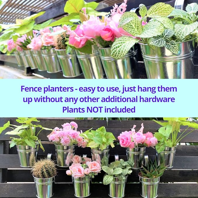 LaLaGreen Fence Planters for Outdoor Plants (10 Pack, 4 Inch) Balcony Planter Railing Hanging, Small Silver Metal Flower Pot Rail Wall Cute Farmhouse Garden Rustic Deck Porch Window Box Bucket Decor