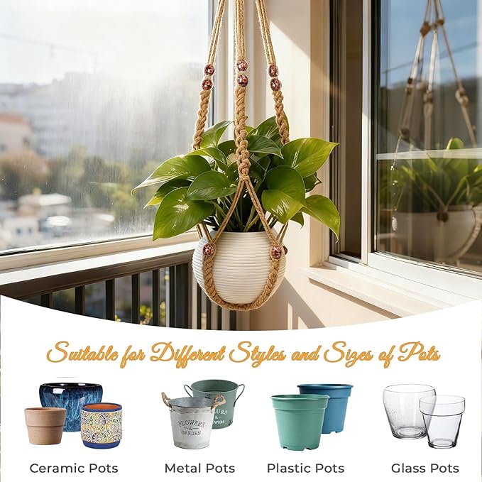 35 Inch Macrame Plant Hanger, Large for up to 15 Inch Pot Extra Long Hanging Planter Holder Basket with Wood Beads for Indoor Outdoor Home Decor (Brown, 1-Pack)