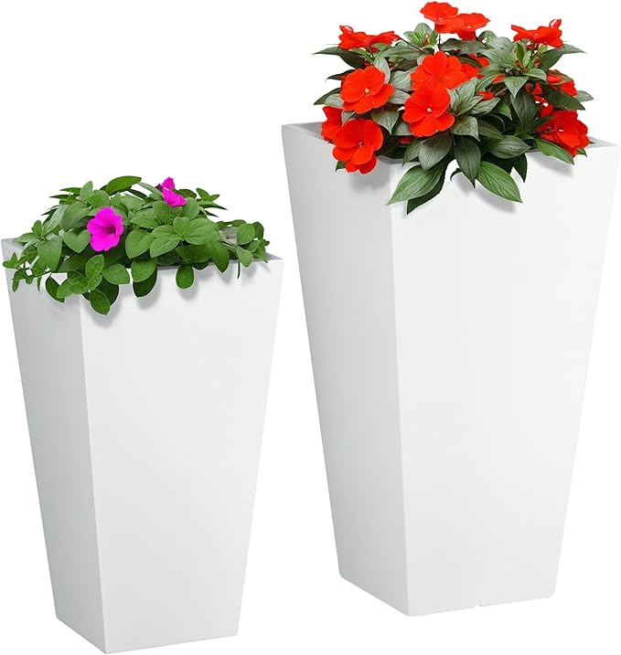 Outsunny 2-Pack Outdoor Planter Set, Flower Pots with Drainage Holes, Durable & Stackable Plant Pot, 22in & 18in, for Porch, Entryway, Patio, Yard, Garden, White