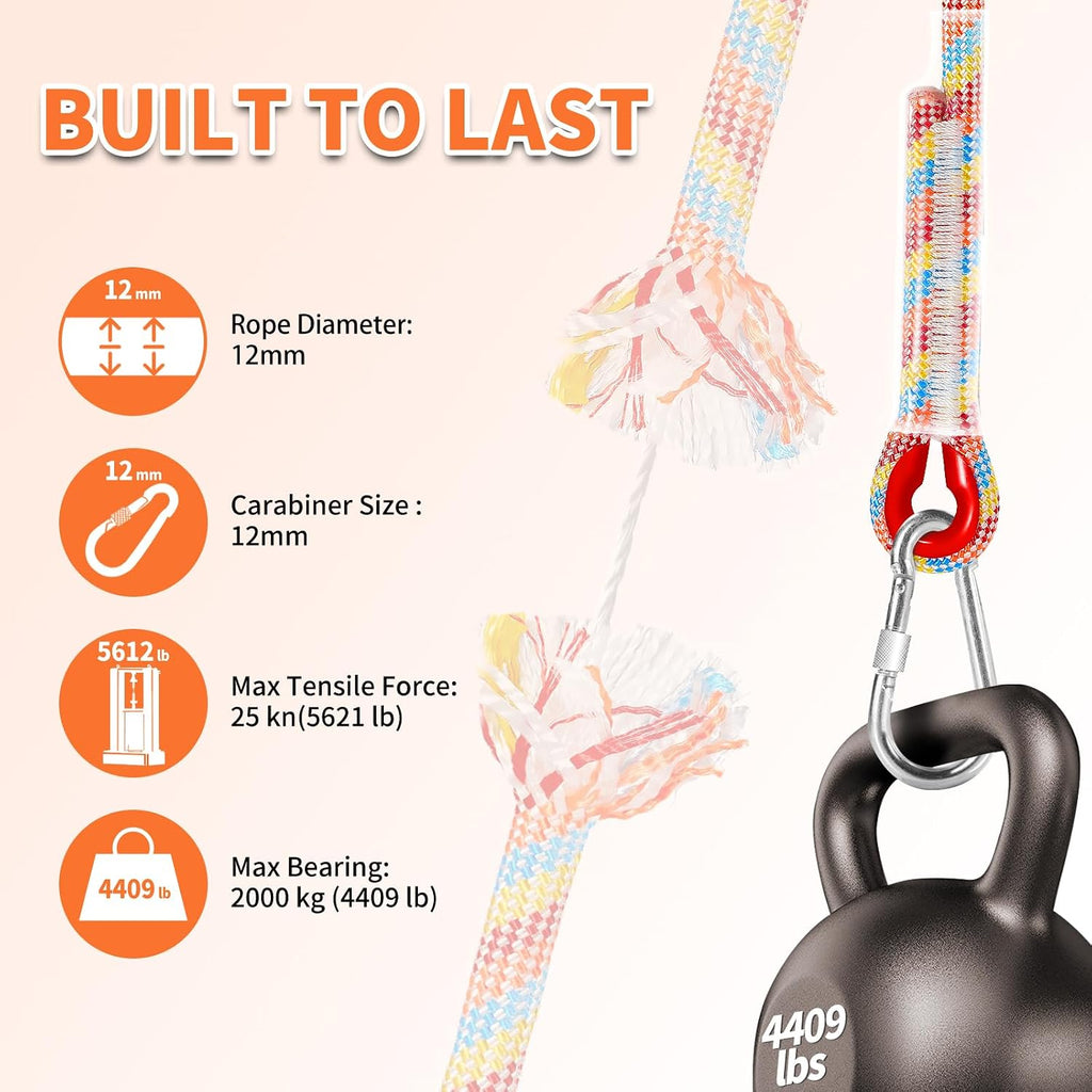 Tree Swing Ropes (Set of 2), 3FT/5FT/10FT/15FT/20FT, Tree Swing Straps Hanging Kit Holds 4400 lbs, Heavy Duty Carabiners for All Swing Hammock Playground Set Accessories (5 FT)