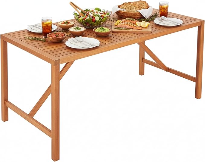 Tangkula 55" Acacia Wood Outdoor Dining Table for 4-6 Person, Rectangular Patio Dining Table with 2" Umbrella Hole and Support Bars, Indoor Outdoor Dining Furniture for Deck, Garden, Poolside & Yard