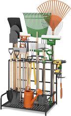 Garden Tool Organizer Rack Up to 39 Tools, Heavy-Duty Steel Yard Tool Organizer for Garage Storage with 12 Hooks, Broom Holder & Garden Tool Rack for Shed, Patio, Outdoor Storage, Black