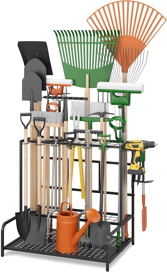 Garden Tool Organizer Rack Up to 39 Tools, Heavy-Duty Steel Yard Tool Organizer for Garage Storage with 12 Hooks, Broom Holder & Garden Tool Rack for Shed, Patio, Outdoor Storage, Black