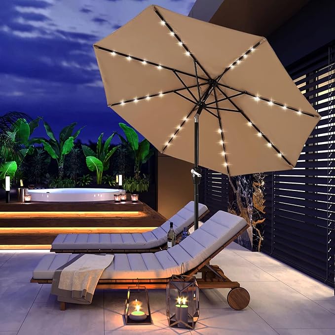 ABCCANOPY Durable Solar Led Patio Umbrellas with 32LED Lights 11FT (Khaki)