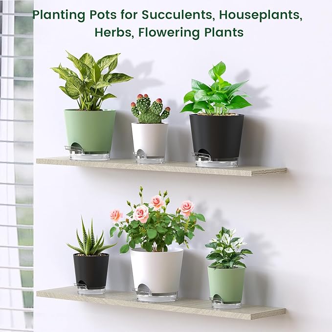 6 inch Self Watering Pots for Indoor Outdoor Plants, 3 Pack Flower Plant Pots with Drainage Holes and Clear Reservoirs, Visible Water Level, Plastic Planters with Wicking Rope, Black