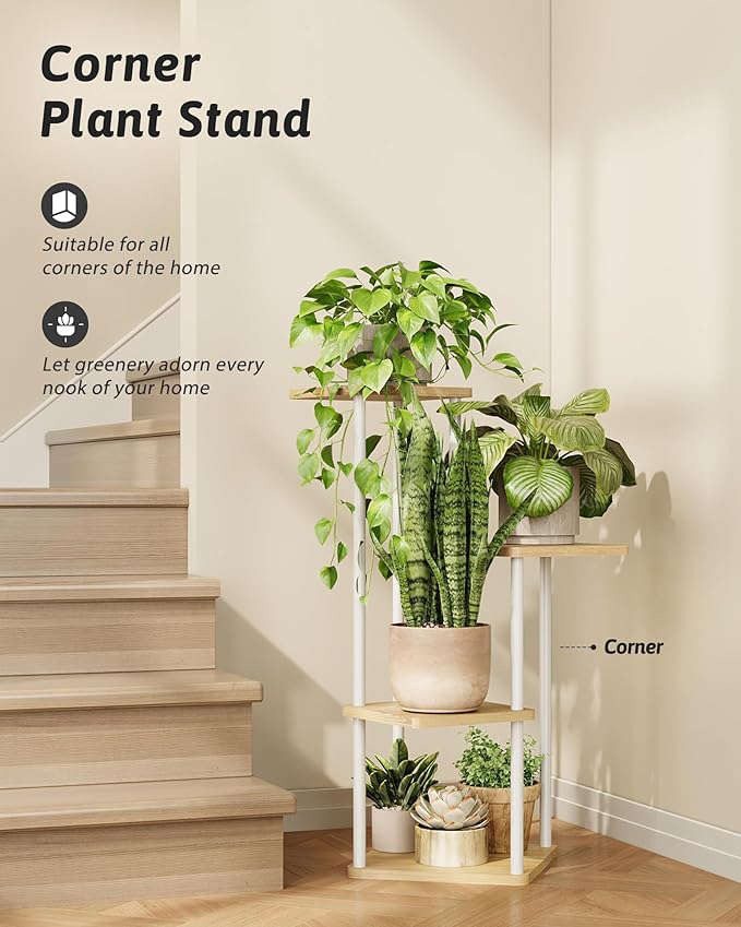 Tall Plant Stand Indoor 4 Tiered Plant Shelf for Multiple Plants Coner Shelf Stand Wood Plant Stand Metal Shelving for Living Room Bedroom Balcony Patio White
