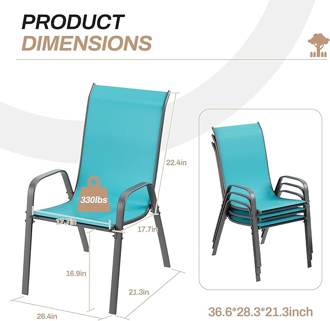 TLSUNNY Patio Chairs, Stackable Textilene Outdoor Dining Furniture for All Weather, with 17.7″ Wide Seat & Metal Frame, for Garden, Backyard, Deck, Restaurant, Poolside (8, Turquoise Blue, 26.4″)